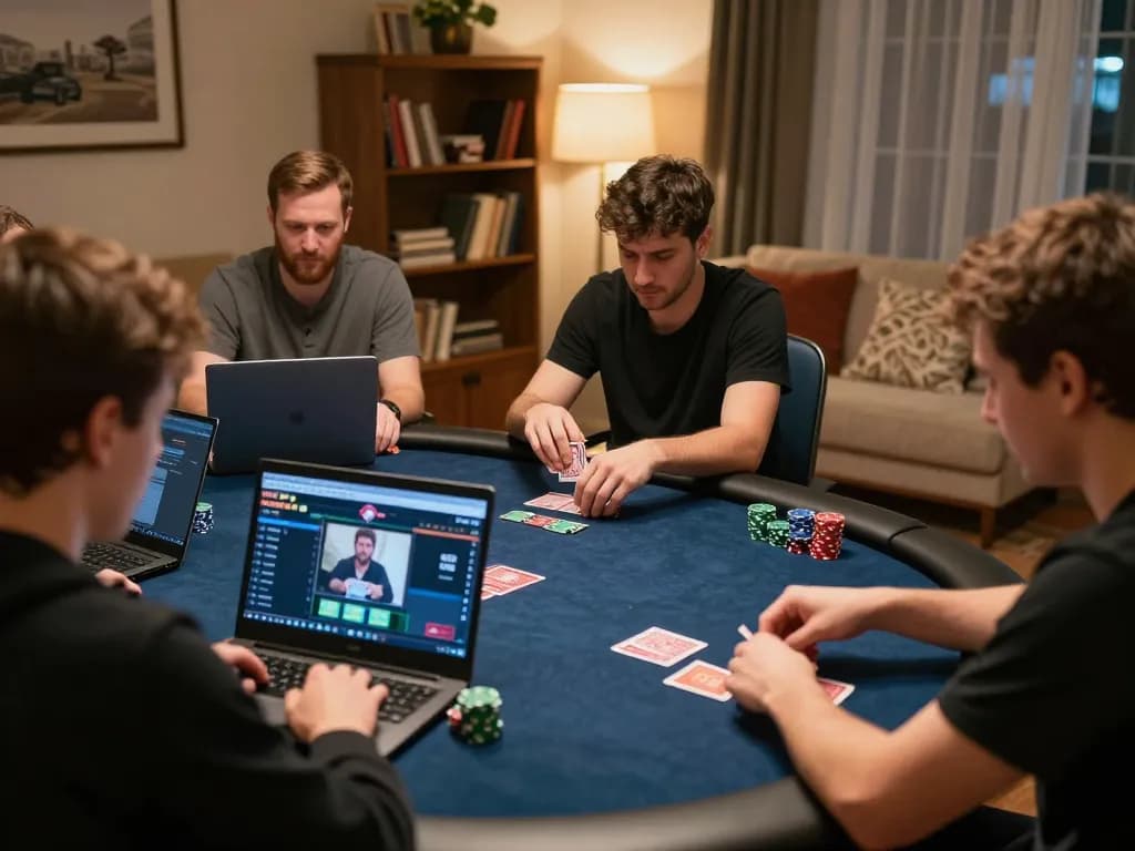 MM99 Đăng Nhập with players strategically engaging in online poker from their homes, illustrating focused gameplay and cozy atmosphere