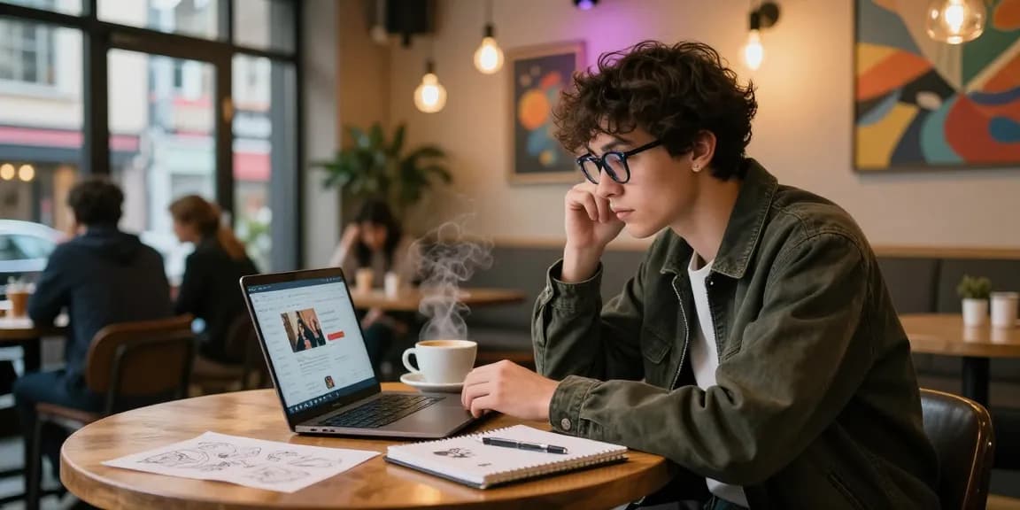 Youth engaging with nsfw content on laptop in stylish urban cafe.