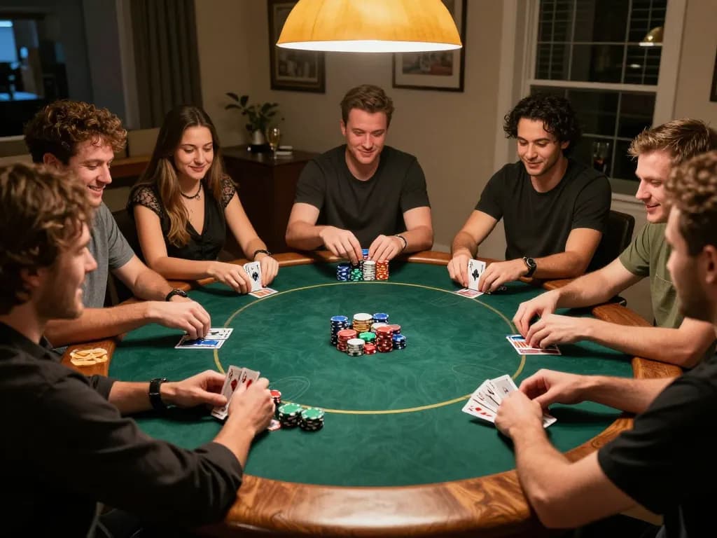 Poker enthusiasts enjoying an intense game at home, utilizing dinamit4d strategies for winning hands.