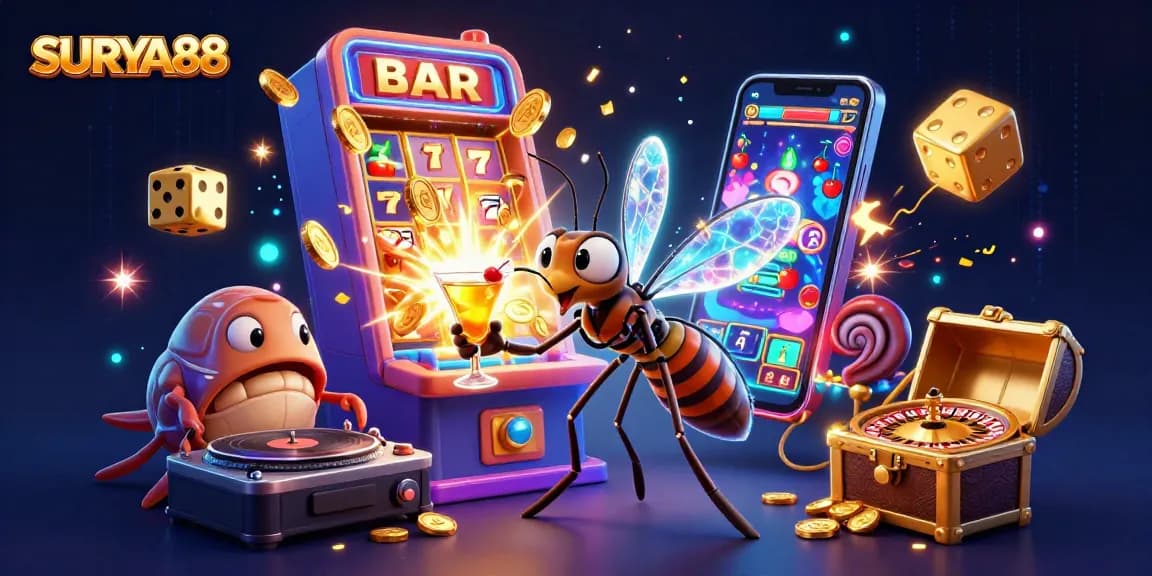 SURYA88 brings excitement alive with a vibrant 3D casino illustration showcasing a dynamic scene of gaming elements.
