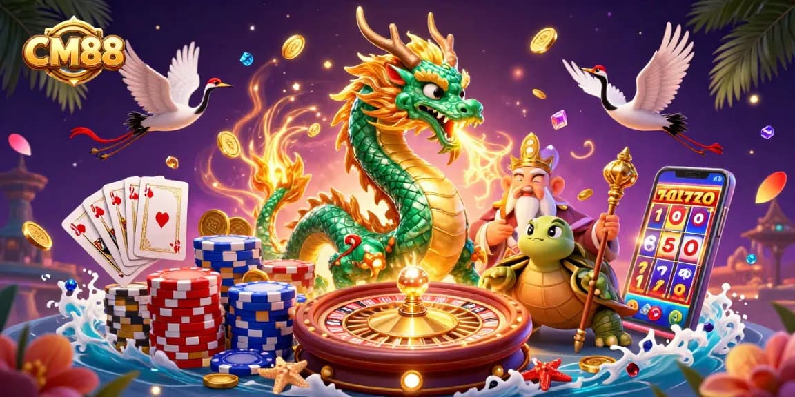 Join the fun at CM88 with a vibrant 3D casino scene featuring dragons and winning symbols.