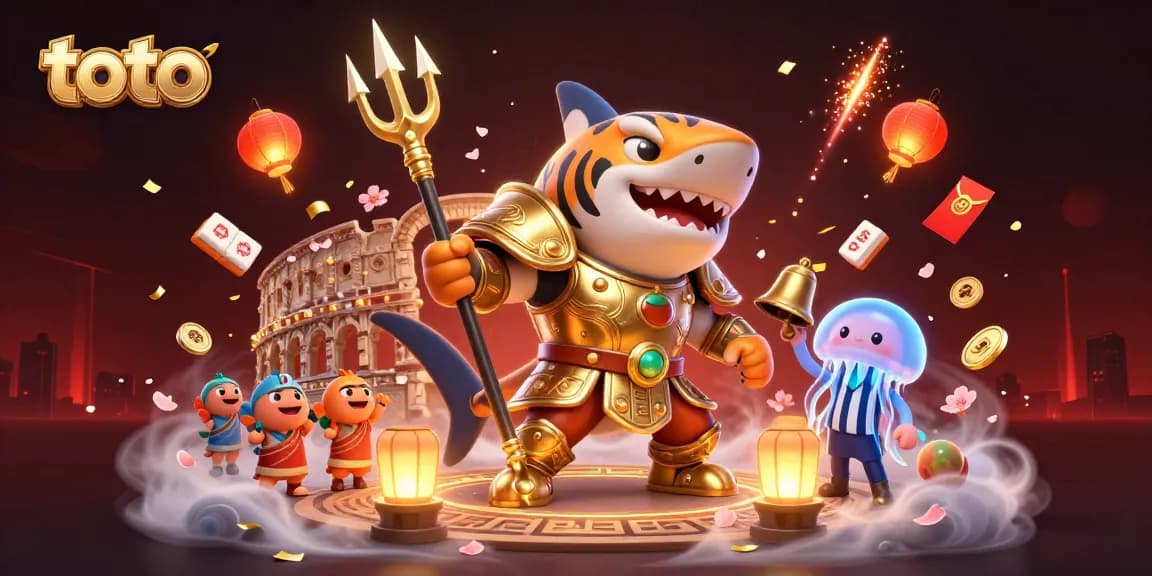 Engage with toto gaming through a dynamic underwater scene featuring a fierce shark in gladiator armor.