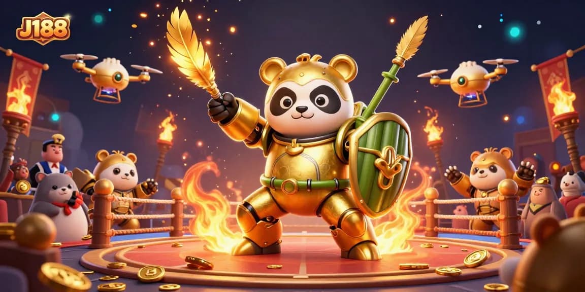 Experience epic gaming at J188 with a golden panda piloting a dynamic fighting robot in a vibrant casino.