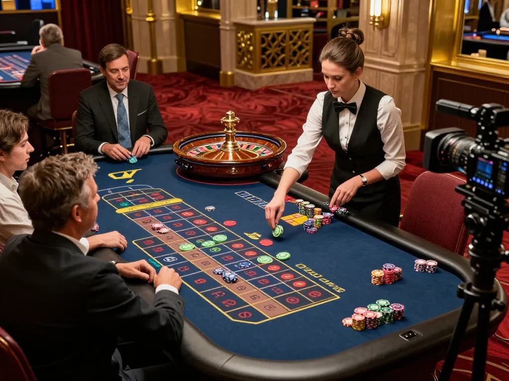 Players engage in strategic gameplay with 388bet at an elegant roulette table in a luxurious casino