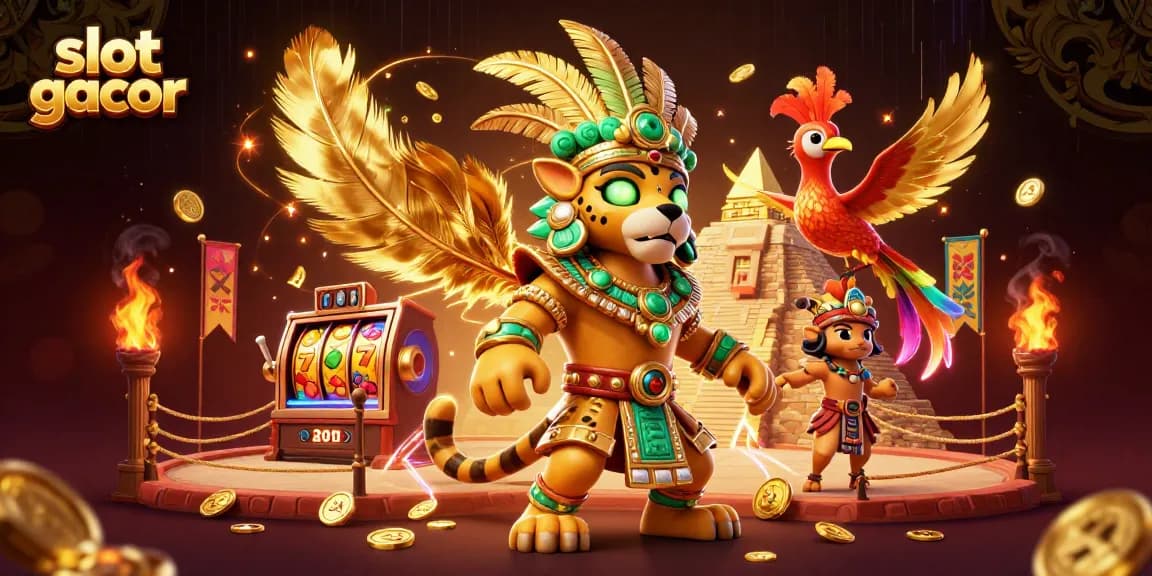 Putaran slot gacor dalam ilustrasi 3D, menampilkan jaguar dan burung quetzal di arena pertempuran.