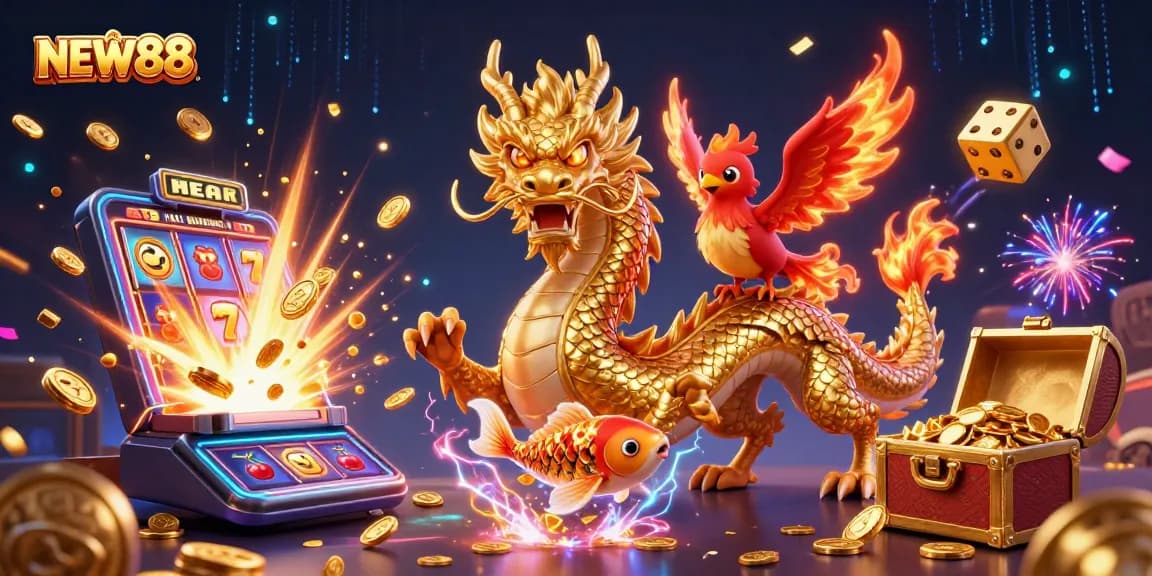 Engage in thrilling action at NEW88 with vibrant casino elements and a dynamic dragon illustration.