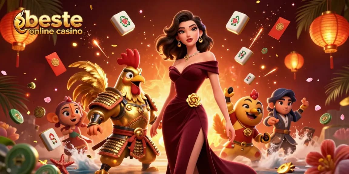 Experience the thrills of beste online casino with this captivating 3D illustration of a glamorous woman and a golden rooster warrior.