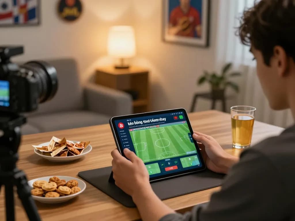 Engaging in kèo bóng đá hôm nay while betting online with a tablet in a cozy home setting.