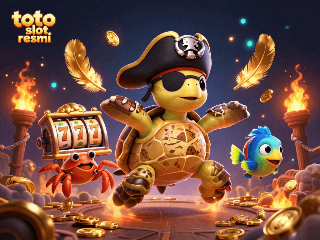 Celebrate wins at toto slot resmi with a lively 3D scene featuring a turtle, crab, and fish surrounded by treasure and slot elements.