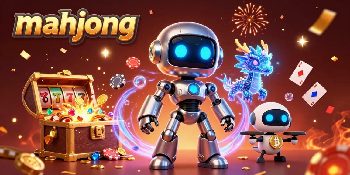 Engage in mahjong gaming with vibrant slot reels, poker chips, and dynamic casino elements.