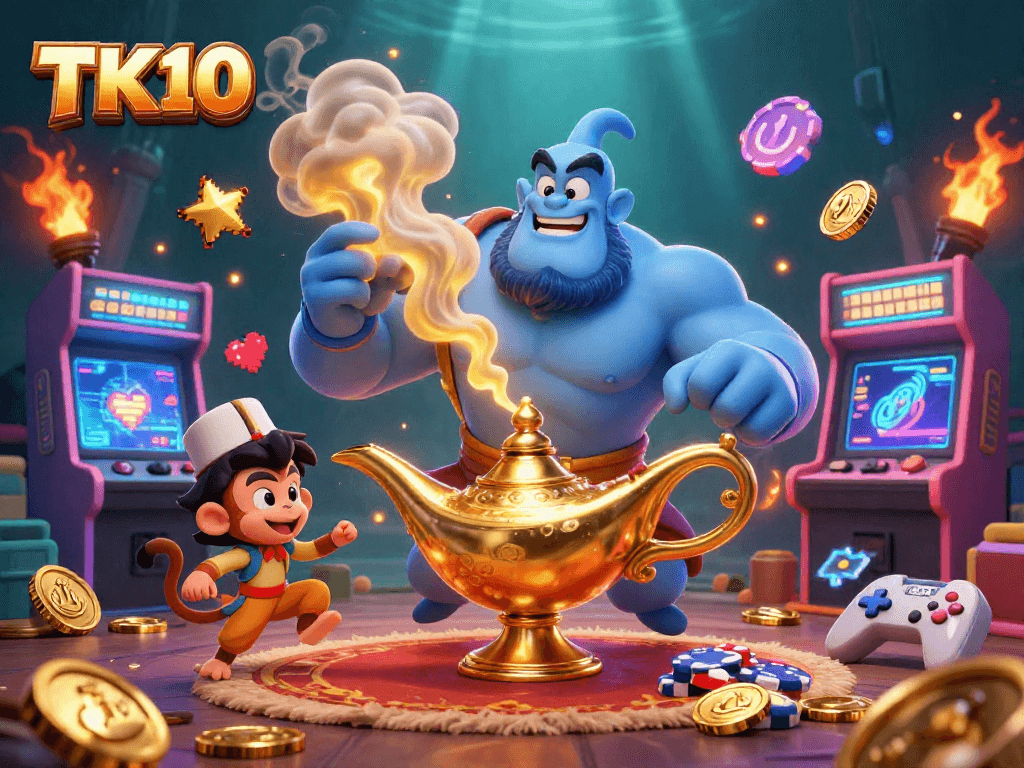Experience thrilling fishing games and vibrant betting options on TK10 in a colorful 3D casino scene.