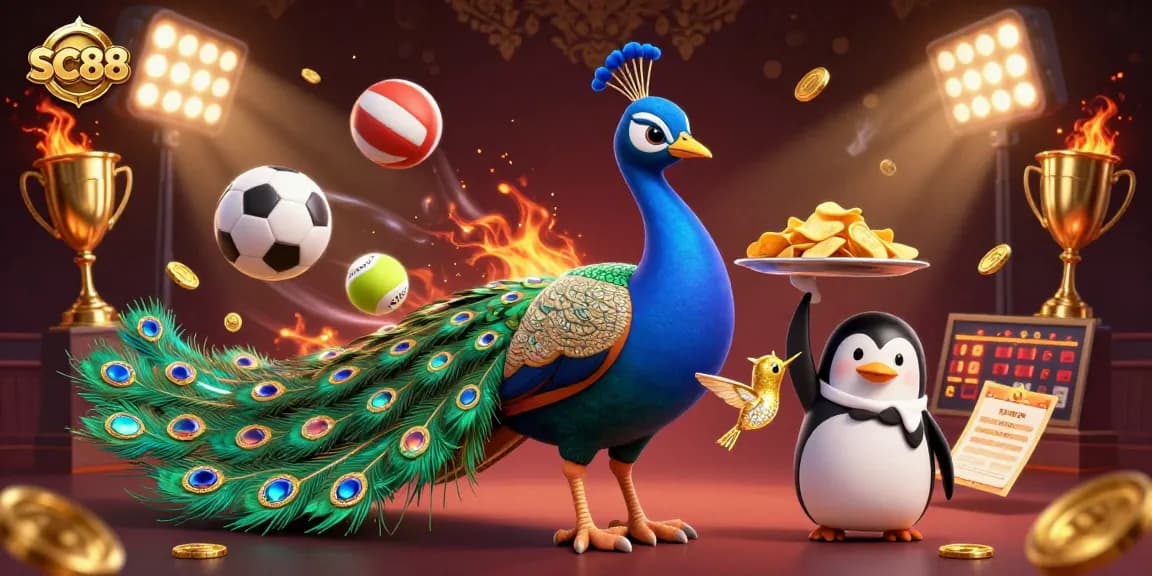 Experience the excitement of SC88 with a lively casino scene featuring a peacock, penguin, and hummingbird!