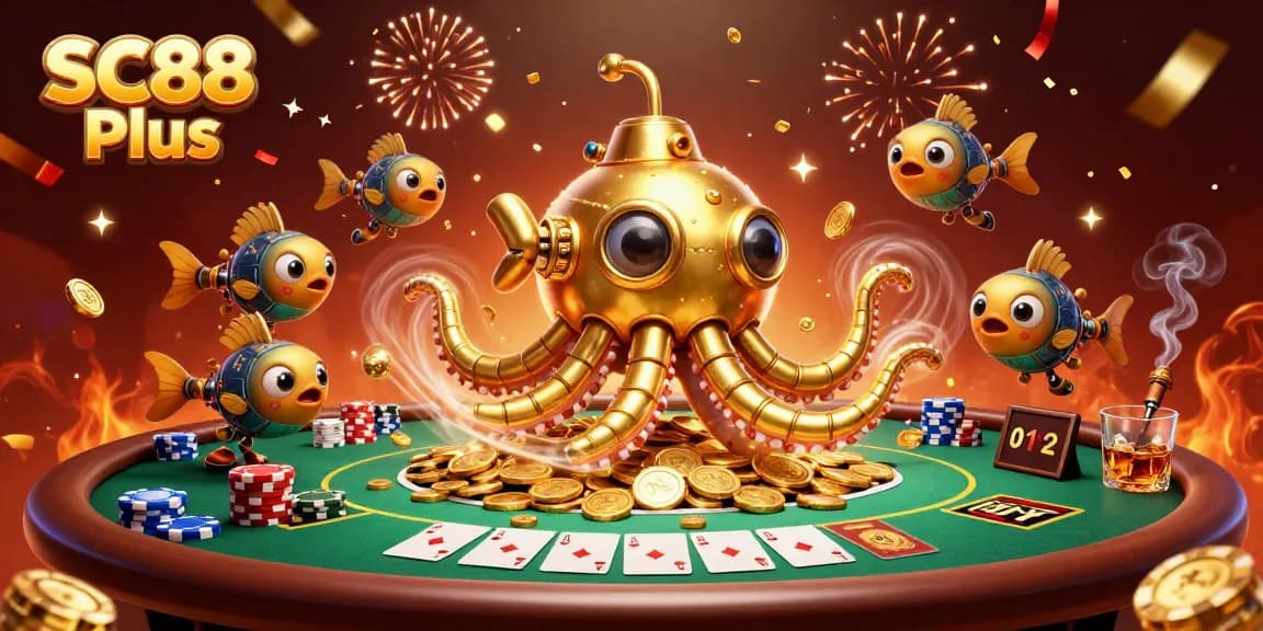 Experience SC88 Plus at the poker table with a kraken hybrid submarine and golden coins.