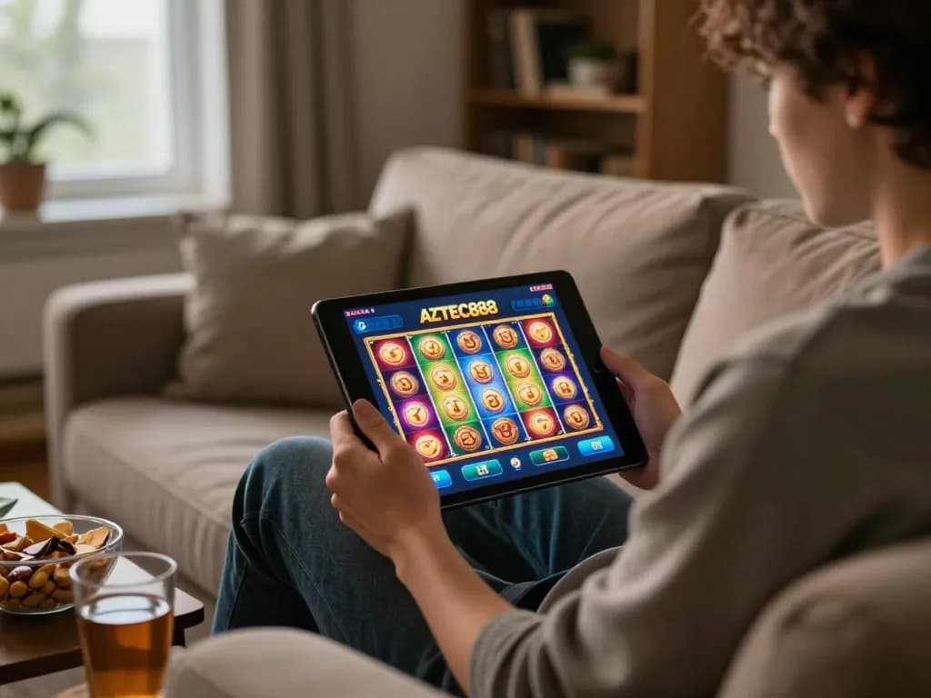 Player using the AZTEC888 app on a tablet for online gambling, showcasing a cozy home environment