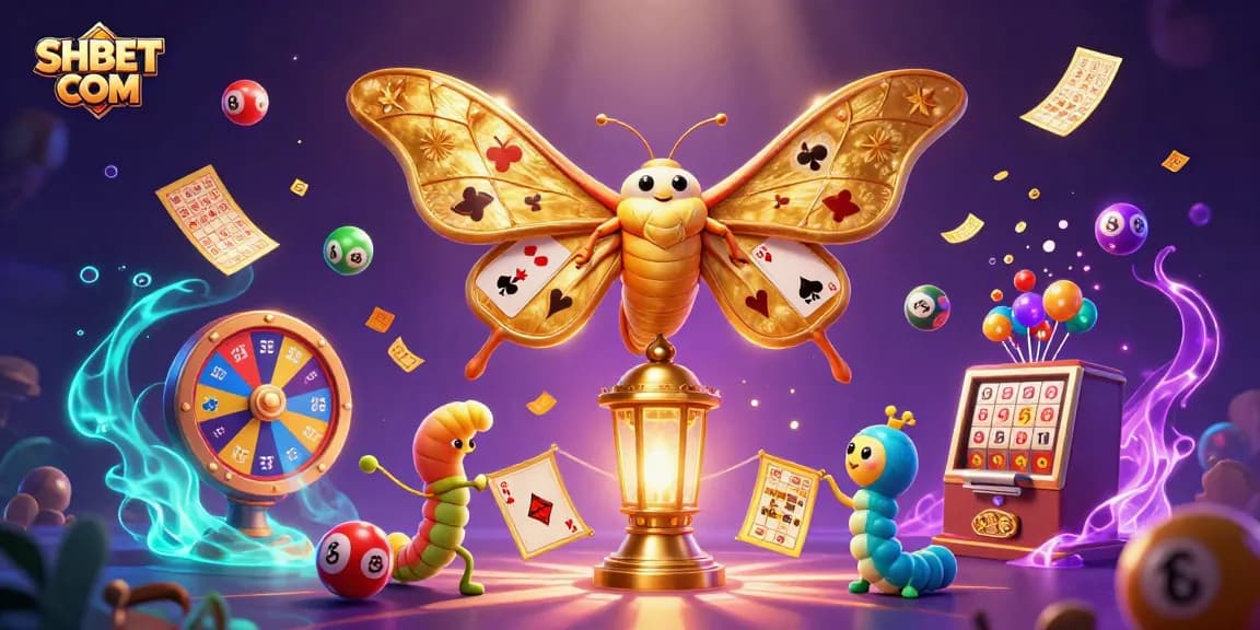 Engage with SHBET COM's vibrant world, featuring a cartoon moth and dynamic casino scenes.