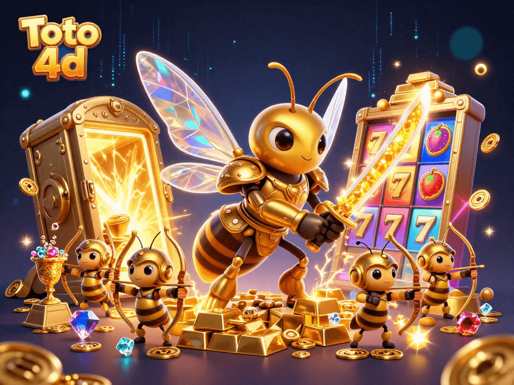 Toto 4d lottery scene showcasing a vibrant hornet in samurai armor with golden treasures and slot reels.