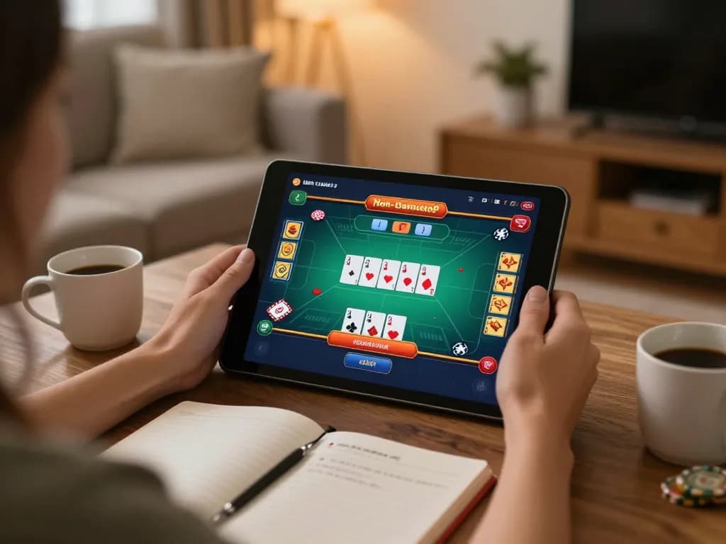 Engaging in non gamstop casino gaming on a tablet in a cozy home setting, showcasing strategic gameplay
