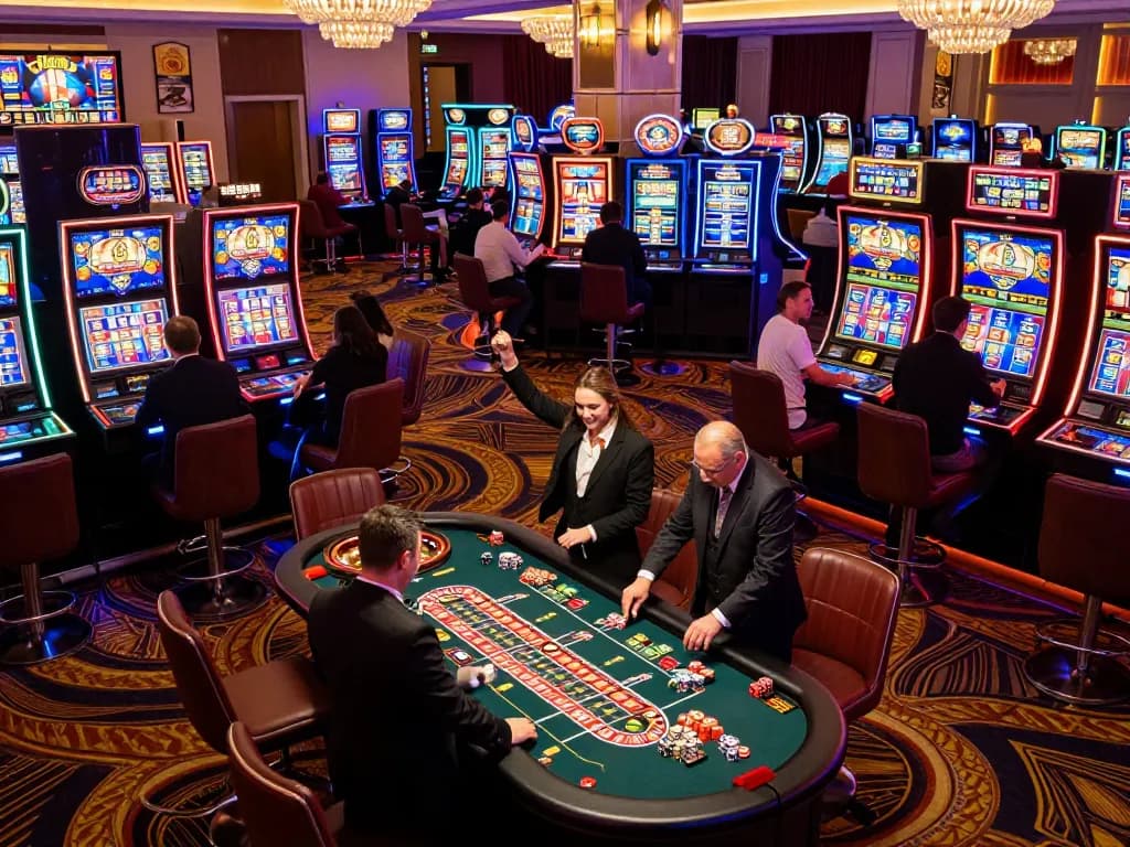 Players enjoy the energetic casino atmosphere at bl555, engaging with exciting slot machines and roulette.