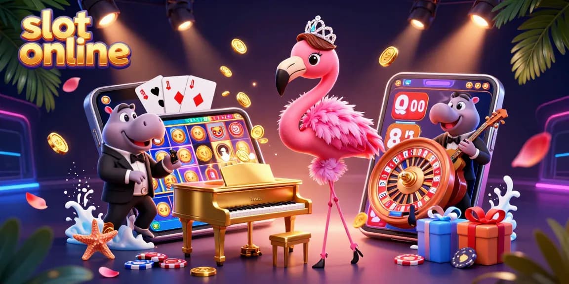 Permainan slot online yang seru dengan penyanyi flamingo dan pemain bas hippo di kasino virtual.