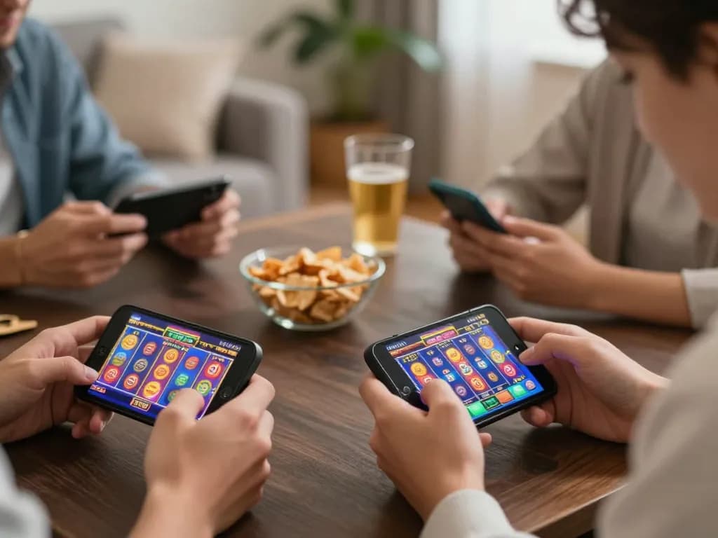 Engaged players at situs slot online, strategizing with smartphones in a cozy home setting.