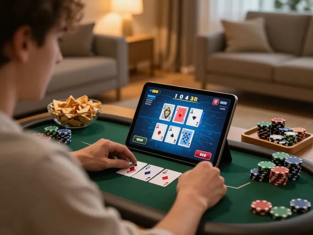 Kuwin player interacting with online poker via tablet in cozy home setting, illustrating strategic gameplay.
