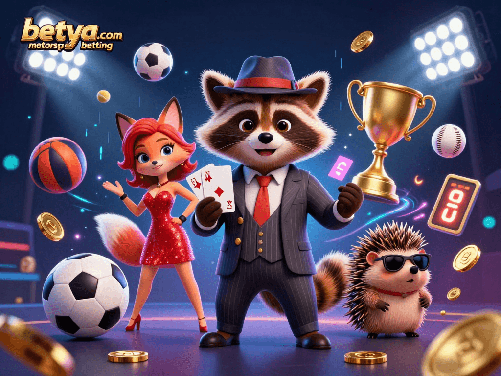 Experience thrilling betya.com motorsport betting with raccoon, fox, and hedgehog in a vibrant scene.