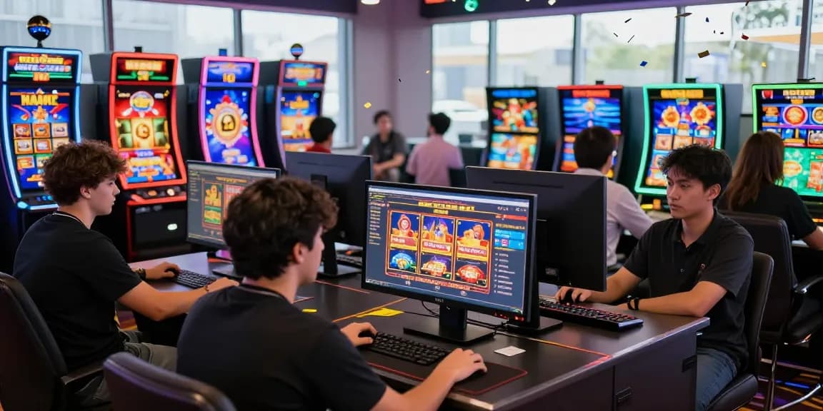 Exciting scene of players exploring new online casinos with vibrant game graphics and lively interactions.