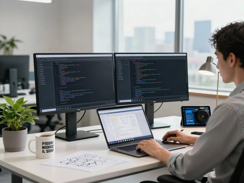 A developer at a modern workspace focusing on software code, showcasing the advanced a80 technology.