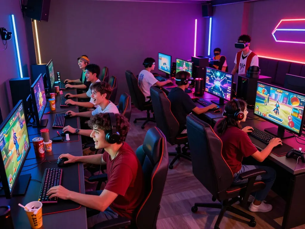 Friends playing adult games in a vibrant gaming lounge, showcasing an engaging and lively atmosphere.