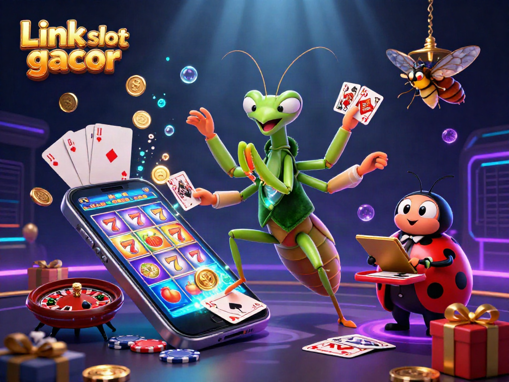 Link slot gacor action-packed scene with vibrant casino characters and game elements.