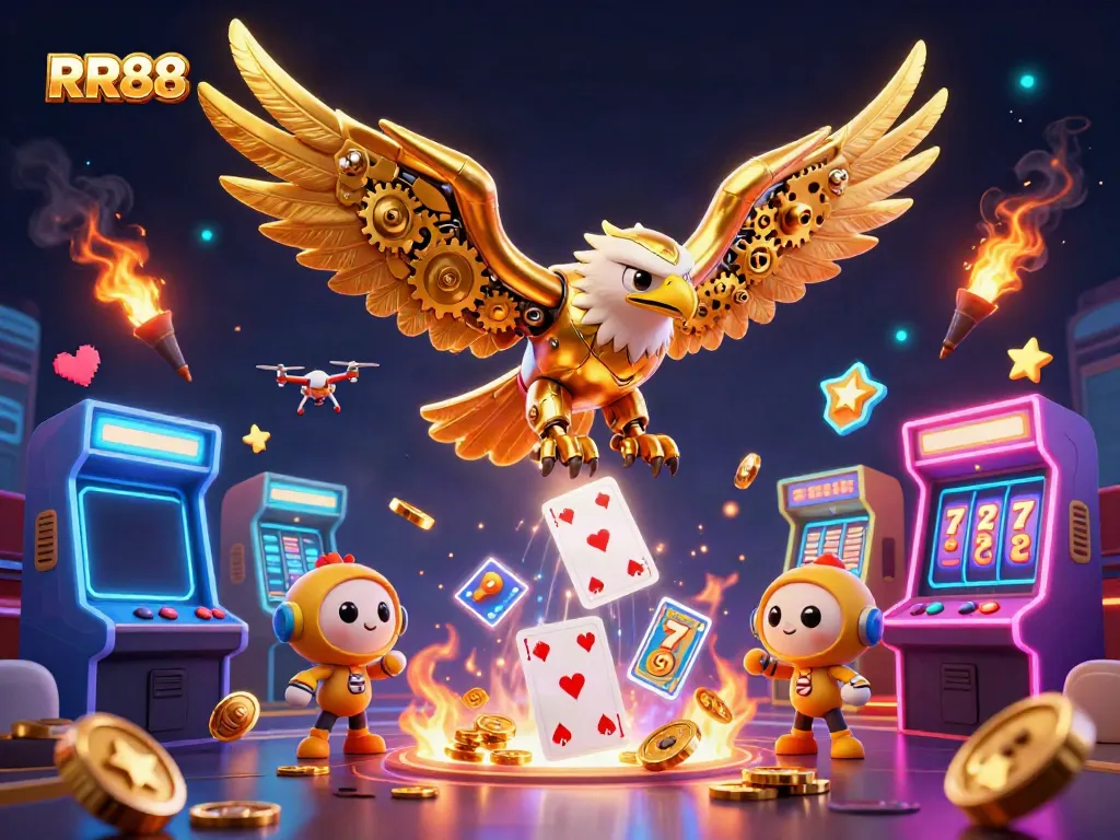 Experience thrilling RR88 casino adventures with a dynamic golden eagle and arcade elements.
