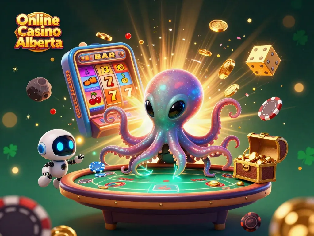 Engage in thrilling games at Online Casino Alberta with a vibrant 3D illustration featuring an alien poker scene.