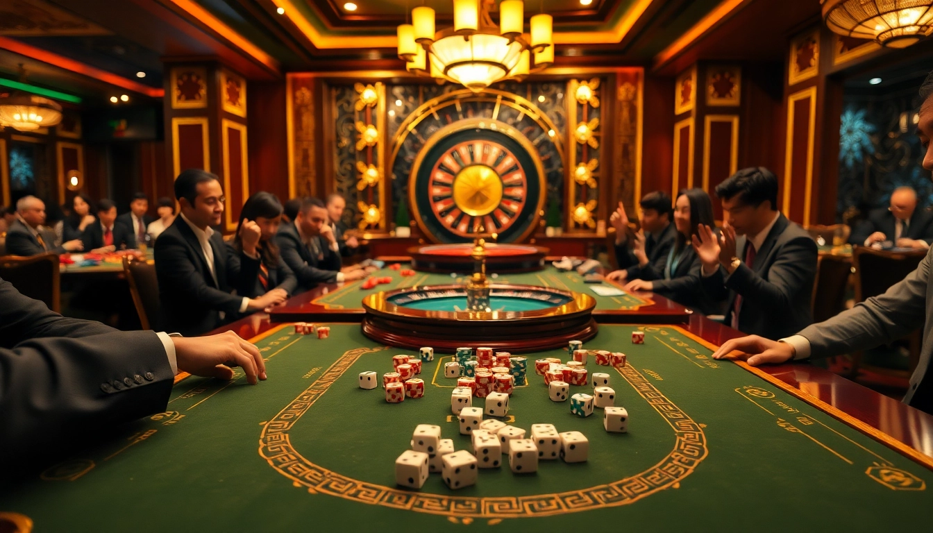 Engaging players enjoying a game tài xỉu amidst a luxurious casino atmosphere.