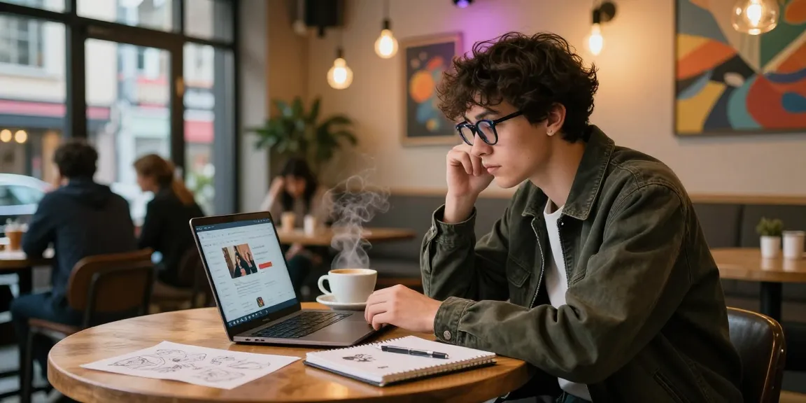 Youth engaging with nsfw content on laptop in stylish urban cafe.