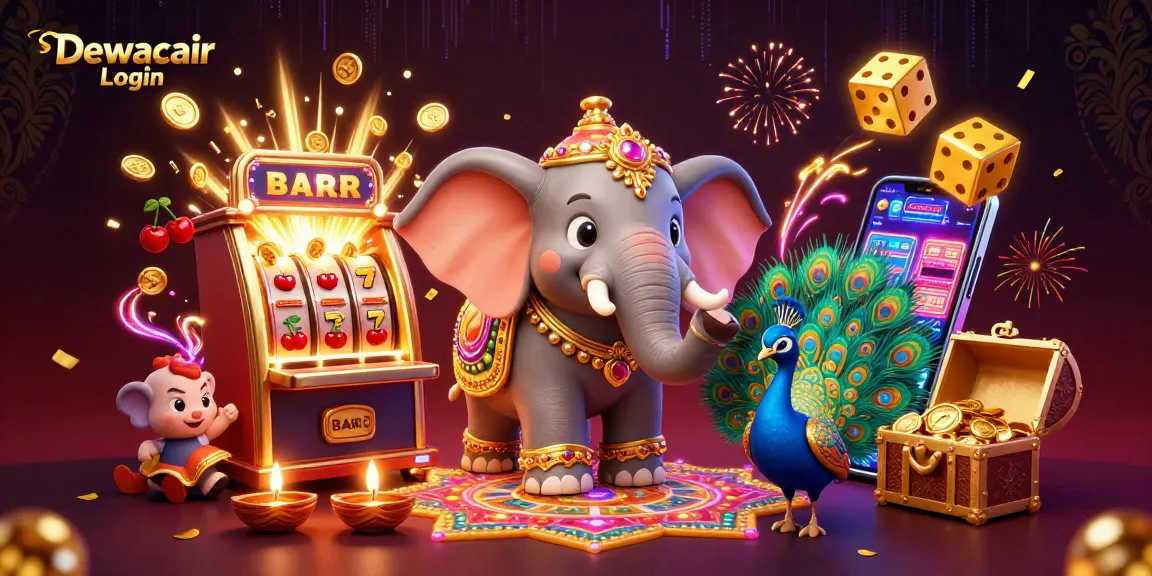 Dewacair Login: Win big in this vibrant 3D casino scene featuring an elephant, peacock, and slot machine.