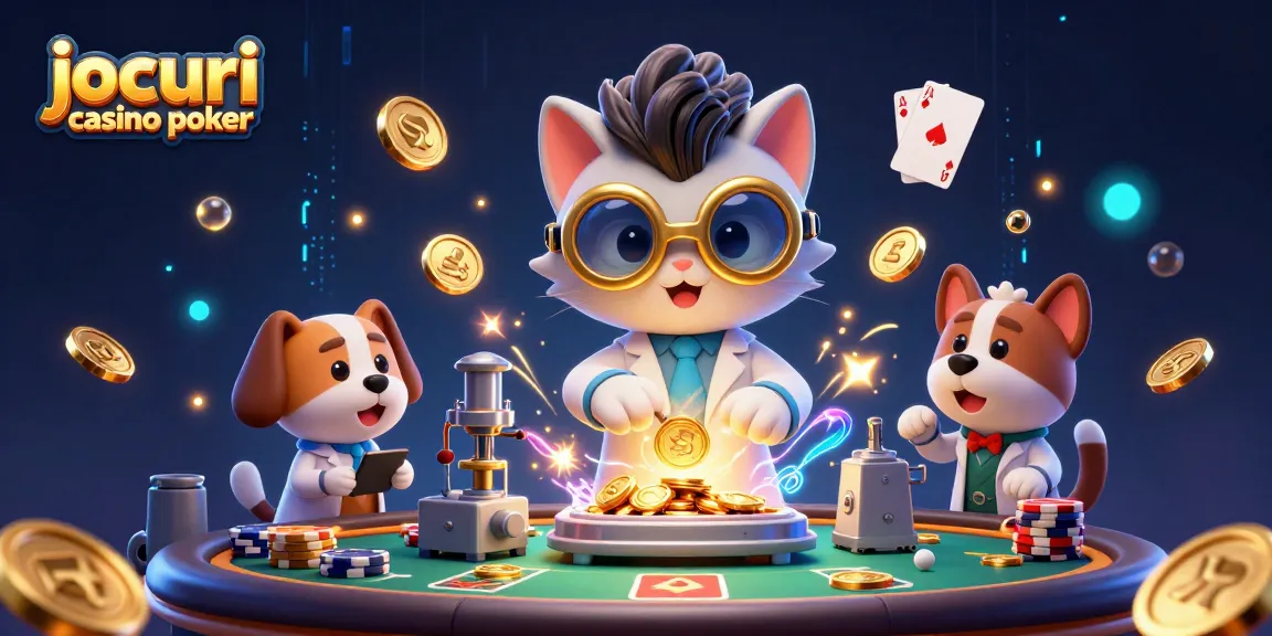 Joacă jocuri casino poker cu cățelul de laborator și pisica savantă la o masă plină de cipuri și câștiguri