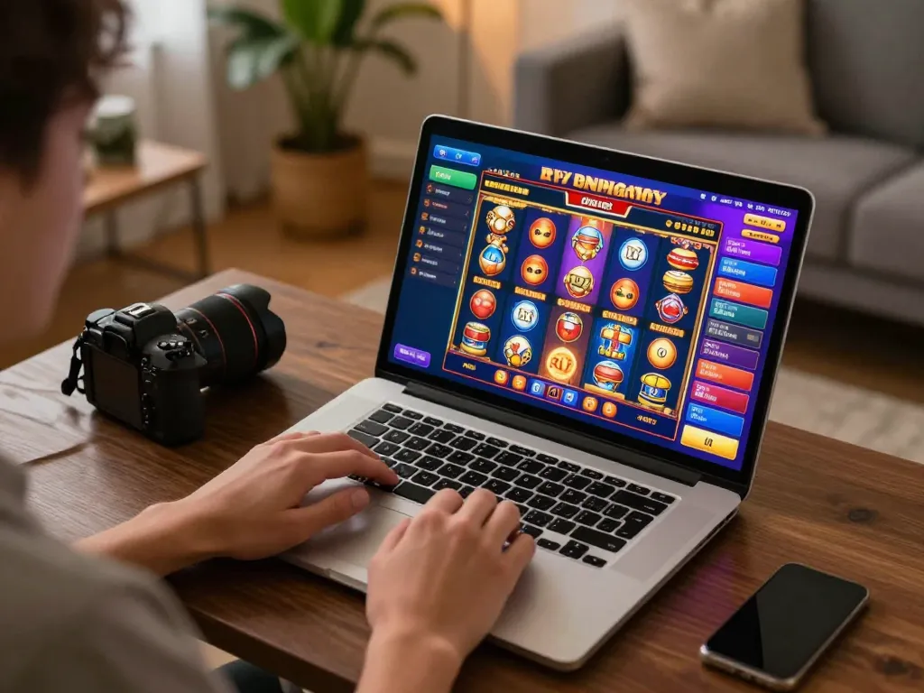 Engaging in online casino gaming at home with bl555, showcasing vibrant game interface and cozy atmosphere