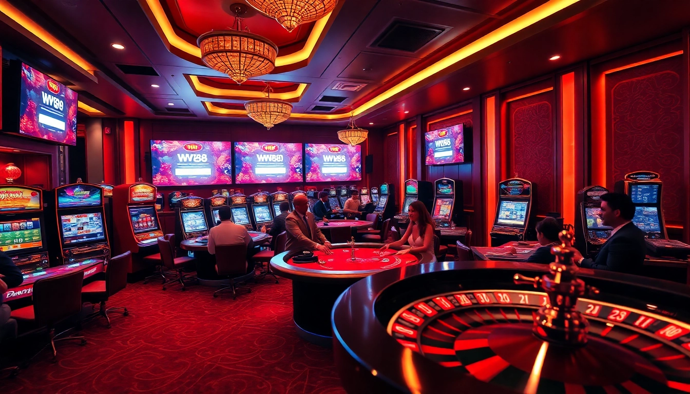 Experience the excitement of WW88 đăng nhập with players engaged at a luxurious casino scene featuring vibrant slot machines and poker tables.