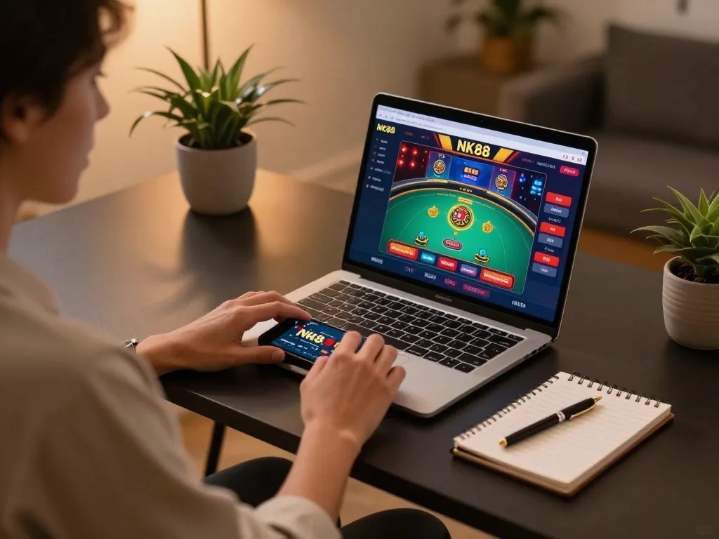 Player engaging with NK88's live casino games in a cozy home setup for strategic gameplay.