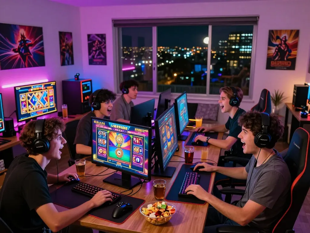 Pemain menikmati permainan slot demo dalam pengaturan gaming yang nyaman dengan grafik yang cerah dan camilan.