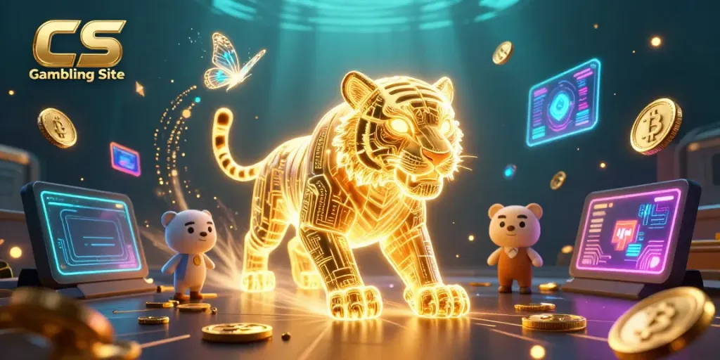 Experience thrilling action at a captivating CS Gambling Site with an energetic neon tiger and digital landscapes.