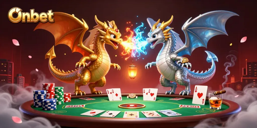 Engage with Onbet's thrilling gaming world, featuring playful dragon duo and poker elements.