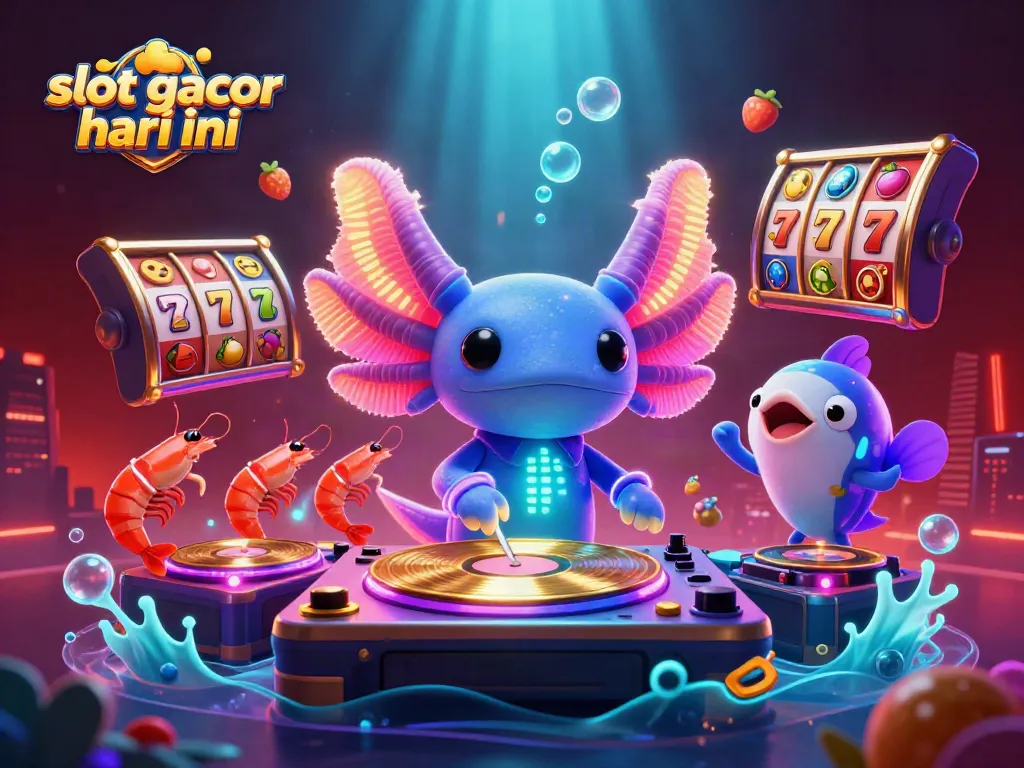 Gambarkan slot gacor hari ini dengan DJ axolotl neon dan elemen slot ceria di bawah laut.