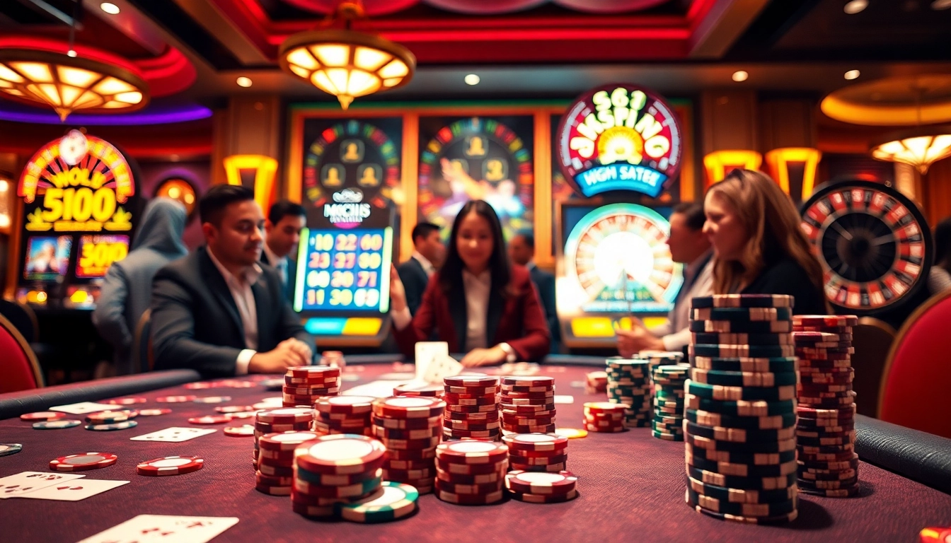 Nohu90 gambling scene showcasing poker chips and a slot machine in a luxurious casino.