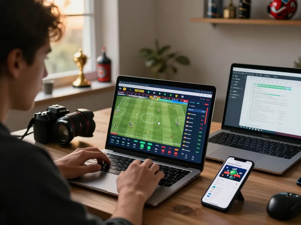 Person engaged in live sports betting on soc88 in a modern workspace.
