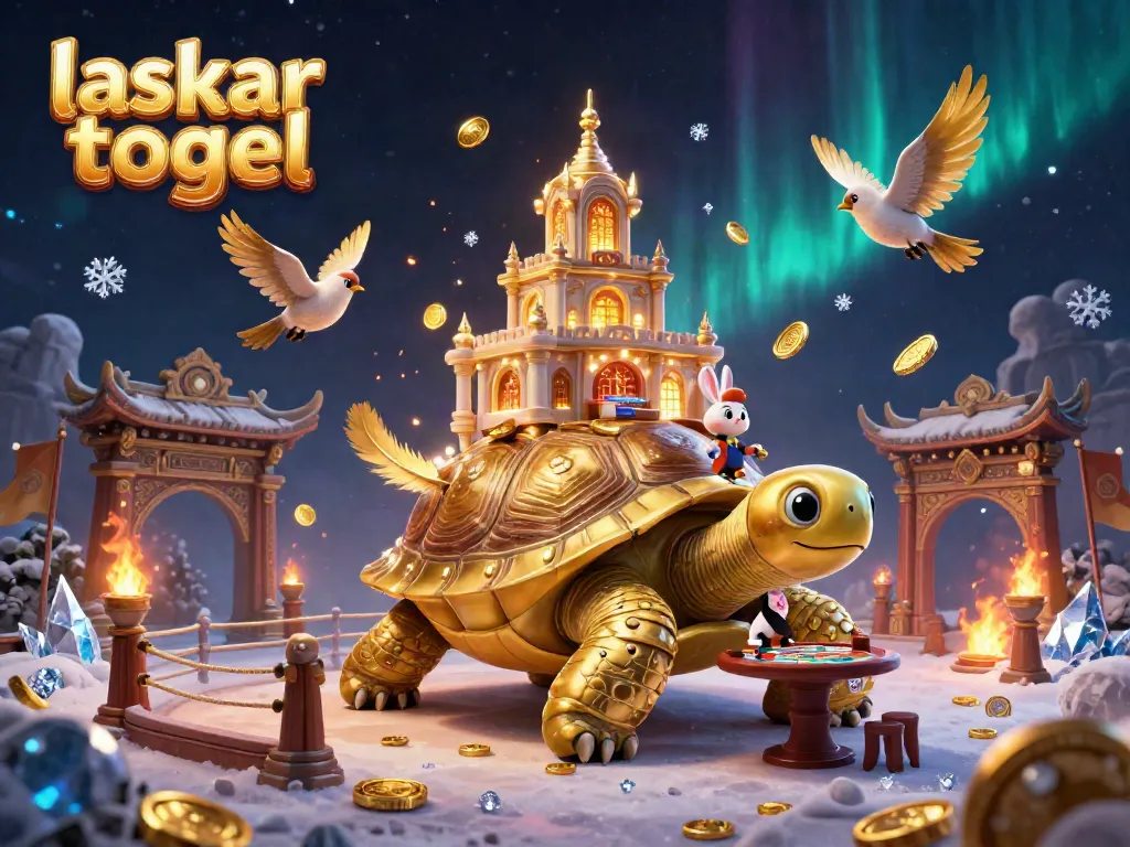 Experience excitement with laskar togel in this vibrant 3D casino illustration featuring a golden tortoise and a rabbit dealer.
