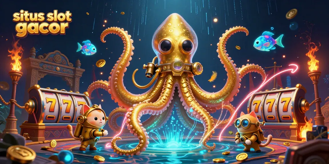 Splash into excitement with situs slot gacor, featuring a colossal kraken, diving cat, and slot reels amid glimmering treasures.