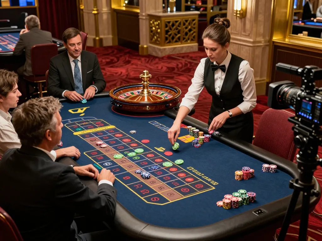 Players engage in strategic gameplay with 388bet at an elegant roulette table in a luxurious casino