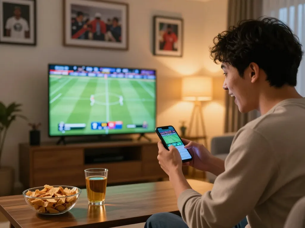 King33 player placing live sports bets from home with exciting match on TV.