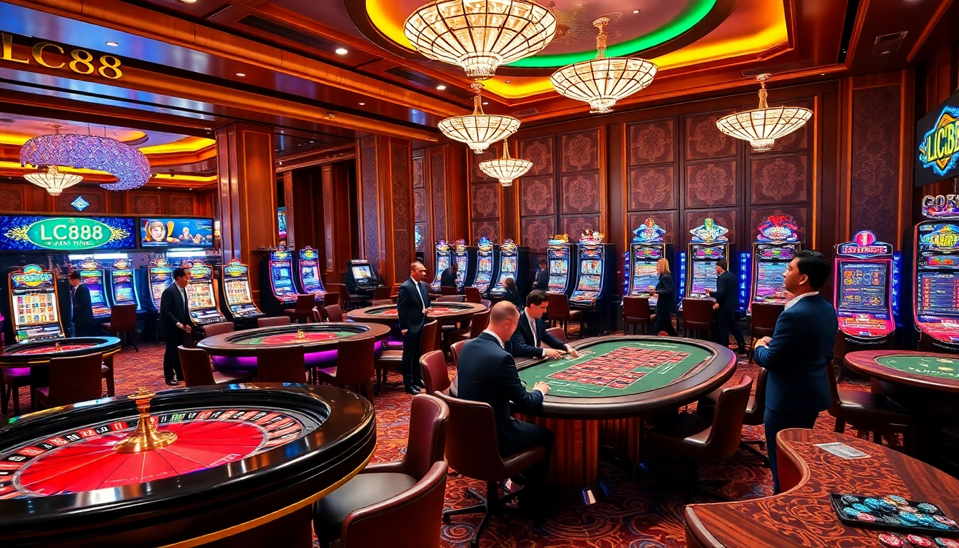 Players enjoy thrilling games at LC88 casino, featuring vibrant tables and exciting slots.